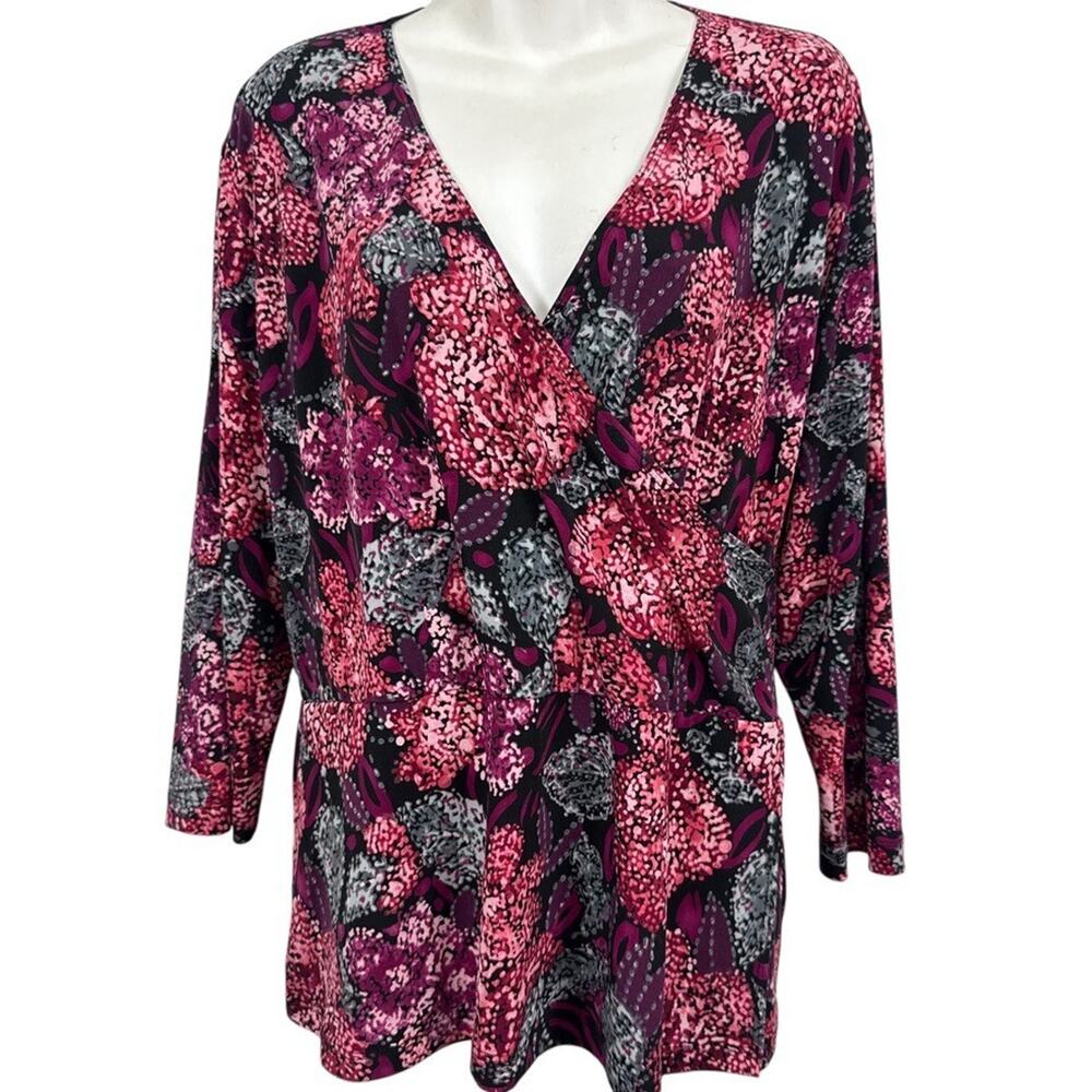 Chicos Peplum Wrap Stretch Knit Floral Plum 3/4 Sleeve V-Neck Top Shirt XL 3